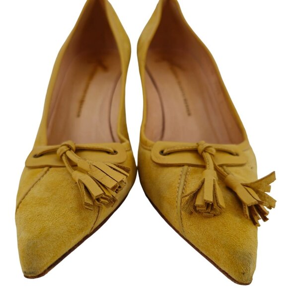 Giuseppe Zanotti Italy Mustard Suede Tasseled Kitten Heels Womens 8B Dress Shoes - Picture 2 of 11